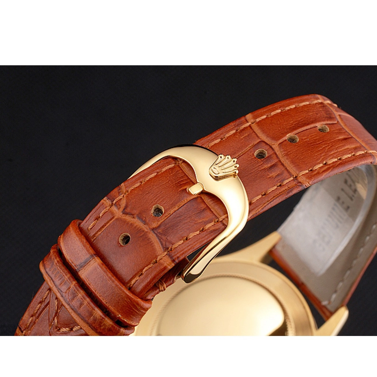 Aaa replica watch Gold Swiss Case Light Gold Leather Datejust Rolex Brown Dial Strap 0818